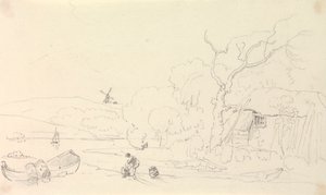 Uzakta Bir Yel Değirmeni Olan Nehir Kenarında Bir Kulübe Taslağı by Capt. Thomas Hastings