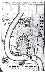 Londonderry, General Hamilton ve Conrad de Rosen tarafından kuşatıldı, J. Sturt tarafından oyulmuş, 1689 by Captain Archibald Maculloch