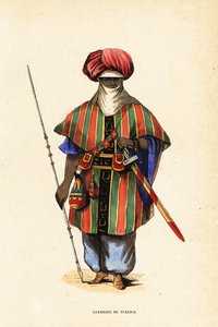 Agadez, Nijer'in asil Tuareg savaşçısı, tagelmust (türban ve peçe), taktkat (gömlek) ve akarbey (pantolon) içinde by Captain George Francis (after) Lyon