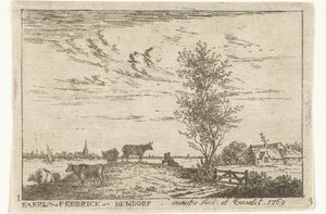 İnekler ile nehir manzarası ile başlık baskısı Manzaralar (dizi başlığı) by Carel Frederik Bendorp (I)