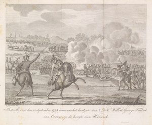 Prens Frederik, Wervik yakınlarında yaralandı, 1793 Bataille van den 13. Eylül 1793, HSH Willem George Fredrik van Orange'ı Werwick tepesinde incitmenin yanı sıra (nesnedeki başlık) by Carel Jacob de Huyser