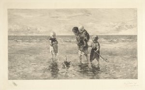 Dört çocuk sahilde sığ deniz suyunda oyuncak bir tekneyle oynuyor. deniz çocukları by Carel Lodewijk Dake
