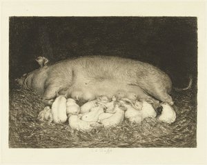 Ahırda yatan domuz yavrularıyla ekmek by Carel Lodewijk Dake