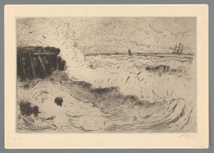 Bir iskelede bir yelkenli gemi ile vahşi deniz by Carel Nicolaas Storm van 