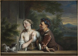 Bir Kadını Kucaklamaya Çalışan Bir Adam, Carel (Charles) de Moor (1656-1738). Tuval üzerine yağlıboya. Boyut: 33.5x47cm. Ulusal Müze Stockholm