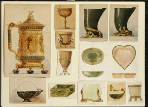 Tasarım seçimi, Carl Faberge Evi (kart üzerinde beyaz ve altın ile güçlendirilmiş kurşun kalem ve sulu boya)