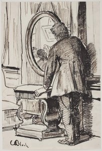 Genç bir adam aynada üç kadına bakıyor. by Carl Bloch