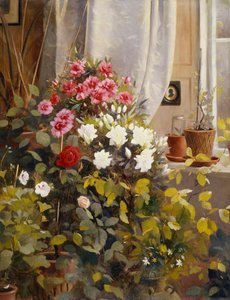 Pencerenin Yanında Açelyalar, Sardunyalar, Güller ve Diğer Saksı Bitkileri by Carl Christian Carlsen