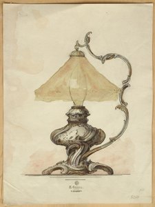 Rokoko tarzında bükülmüş yivli gövdeli gümüş bir masa lambası çizimi, Carl Faberge Evi by Carl Fabergé