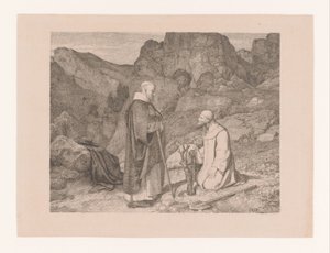 Bir dağ manzarasında budanmış bir ağacın yanında iki keşiş by Carl Friedrich Lessing