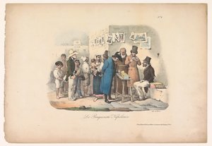 Napoli'de kitapçı tezgahı Le bouquiniste Napolitain (nesne üzerindeki başlık) Napoli'deki tür sahneleri (dizi başlığı) Sahneler Populaires de Naples en douze Tableaux (dizi başlığı) by Carl Gustaf Hjalmar Mörner