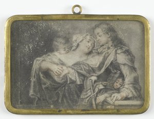 Genç bir kadın, çocuklarından biri onu soyarken bir savaşçının dikkatini dağıtıyor. by Carl Gustav Klingstedt (attributed to)