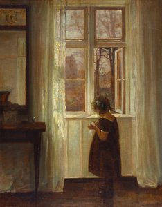 Pencerenin Önünde Duran Bir Kız (tuval üzerine yağlı boya) by Carl Holsoe