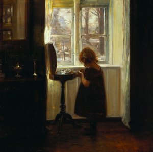 Dikiş Masasının Yanında Duran Kız (tuval üzerine yağlı boya) by Carl Holsoe