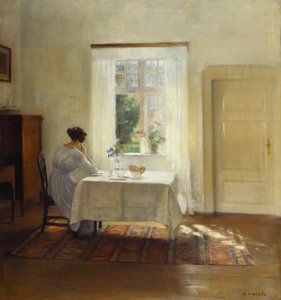 Pencere Kenarında Masada Oturan Kadın (tuval üzerine yağlı boya) by Carl Holsoe