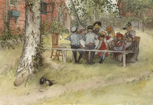 A Home serisinden Büyük Huş Altında Kahvaltı, 1895 dolayları (kağıt üzerinde wc) by Carl Larsson