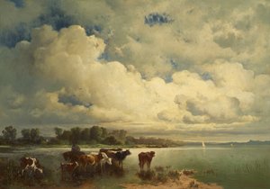 İnekler ile su manzarası by Carl Schweninger d. Ä.