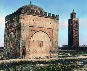 Fas, Cami yakınındaki kutsal mezar, görüntü tarihi: 1910 civarı. Carl Simon Arşivi by Carl Simon