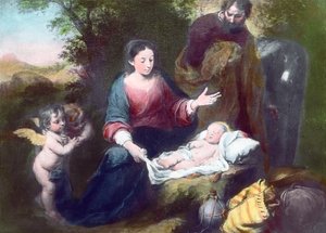Melekler, Meryem ve Yusuf ile Uyuyan Mesih Çocuk. İspanyol Barok ressam Bartolome Esteban Murillo (1617 - 1682) tarafından yapılmış tablo (tarihsiz). Resim tarihi: 1900 civarı. Carl Simon Arşivi by Carl Simon