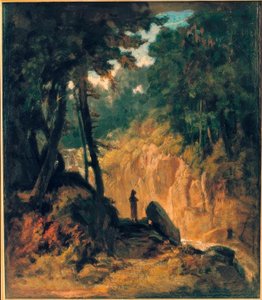 Kapuzinerm ile kıyısında bir şelale ile ormanlık manzara by Carl Spitzweg