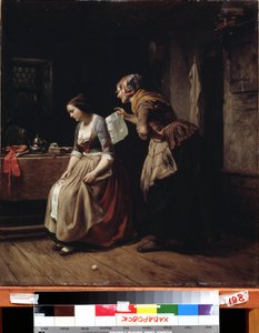 ""Mektup" (Bir mektup) Bir hizmetçi umutsuzluk içindeki genç bir kıza bir mektup getirir. Tablo Carl Wilhelm Hubner (1814-1879) 19. Yüzyıl Uzak Doğu Sanat Müzesi, Habarovsk, Rusya by Carl Wilhelm Hübner