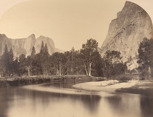 Nehir Manzarası, Vadiden Aşağı, Solda Katedral Kayası, 1861, Yosemite. by Carleton Emmons Watkins