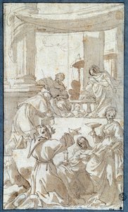 Aziz Charles Borromee (1538-1584), Assisili Francois (1182-1226), Assisili Claire (1194-1253) ve Lucia Drawing in Ink and Wash, Carlo Bononi (1569-1632) Sun tarafından Kutsal Aile Adoree. 0.26 x 0.15 m Paris. Louvre müzesi