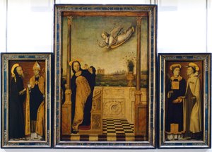 Aziz Benedict, Aziz Augustine, Aziz Stephen ve Aziz Angelo ile Müjde Altarpiece Charles Bracesco tarafından