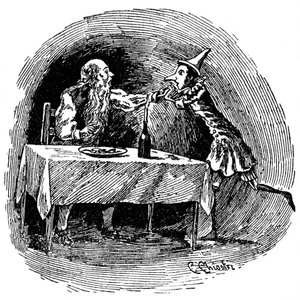 Collodi'nin çalışmalarının ilk İtalyan illüstratörlerinden biri olan Carlo Chiostri'nin (1863-1939) Pinokyo çizimi. Tahta kukla, babası Gepetto'yu onları yutan köpekbalığının karnında bulur.