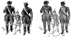 Pinokyo, Collodi'nin (Carlo Lorenzini) çalışmalarının ilk İtalyan illüstratörlerinden biri olan Carlo Chiostri'nin (1863-1939) imzasını taşıyor. İki jandarma tahta kuklayı alır. Soldaki resim Chiostri'nin orijinal çizimi, sağdaki ise gravür car