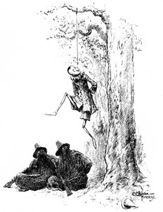 Pinokyo, Collodi'nin (Carlo Lorenzini) çalışmalarının ilk İtalyan illüstratörlerinden biri olan Carlo Chiostri'nin (1863-1939) imzasını taşıyor. Tahta kukla, iki haydut (kedi ve kamufle edilmiş tilki) tarafından bir ağaca asılır. Chiostri'nin b