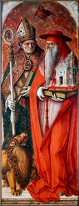 Camerino Katedrali'nin (Duomo di Camerino) poliptiği: Aziz Jerome ve Aziz Augustine. Carlo Crivelli'nin (1430/35-1494/1500) tablosu. Ahşap üzerine tempera by Carlo Crivelli