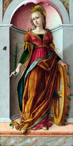 ""İskenderiyeli Aziz Catherine" (İskenderiyeli Aziz Catherine) Tablosu Carlo Crivelli (1435 civarı - 1495 civarı) 1492 civarı - Panelde Tempera Dim 38x19 cm National Gallery, Londra