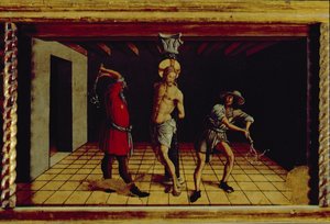 İsa'nın Kırbaçlanması, San Silvestro poliptiğinden merkezi sağ predella paneli, 1468 (panelde tempera) (bkz. 76657) by Carlo Crivelli