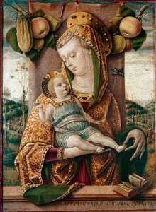 Bakire ve Çocuk Arkalarında elma ve salatalık, altta açık bir kitap (İncil). Ahşap üzerine tempera, Carlo Crivelli (1430/35-1494/1500)
