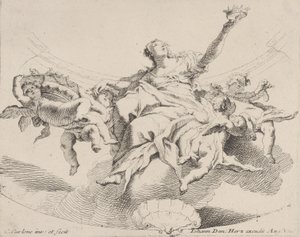 Bulutların üzerine oturmuş, elinde taç tutan ve putti ile çevrili bir kadın tarafından temsil edilen güç,..., 1725-75. by Carlo Innocenzo Carloni
