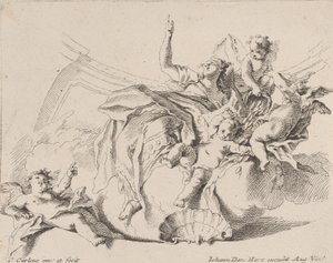 Bulutların üzerinde oturan ve putti ile çevrili bir kadın tarafından temsil edilen zenginlik, bunlardan biri..., 1725-75. by Carlo Innocenzo Carloni