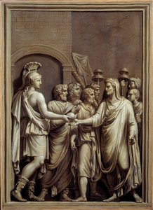 Antik Roma: bir küre alışverişinde bir toga içinde savaşçı ve adam. Düşük bir Roma kabartmasından sonra Carlo Labruzzi (1748-1818) tarafından yapılan resim. Brest. güzel Sanatlar Müzesi