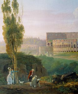 Bir grup karakter, Colisee harabelerinin önünde çizim yapan adam. Carlo Labruzzi