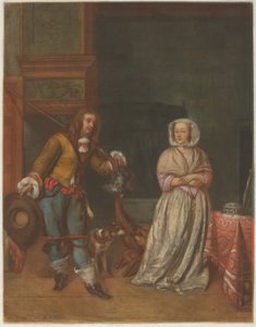 Bir bayanı ziyaret eden avcı by Carlo Lasinio after Gabriel Metsu