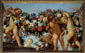 Aşk ve Çiçeklerin Çelenkleri Carlo Maratta (1625-1713) tarafından 17. yüzyıl Güneşi. 1,06x1,73 m