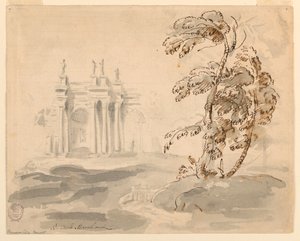 Çizim, Manzarada Ağaç ve Bina, 1756-78 by Carlo Marchionni