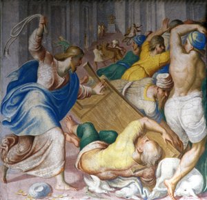 İsa Mesih tüccarları Tapınağın kapılarından kovar. Carlo Urbino tarafından fresk. Milan, S. Maria della Passione. by Carlo Urbino