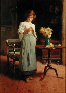 Kız bir kulübede bir masa ve sandalyenin yanında (kağıt üzerine suluboya) by Carlton Alfred Smith