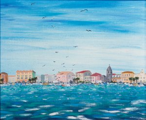 Sea Scene with Houses, 1995 (acrylic on board) by Carolyn Hubbard Ford