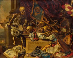 Vanitas Natürmort müzik aletleri, kitaplar, notalar, iskelet, kafatası ve zırh ile, 17. c by Carstian Luyckx