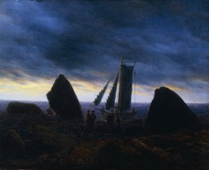 Baltık kıyısında bir sahilde Balıkçı Teknesi Geçen Figürler; Baltık Denizi sahilinde kayalar arasında balıkçı teknesi, by Caspar David Friedrich