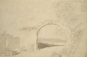 Kemerli Nehir Manzarası (bitmemiş) (kağıt üzerine kurşun kalem, tükenmez kalem ve wc) by Caspar David Friedrich