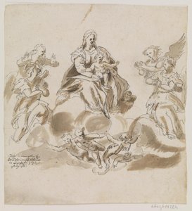 Melekler ve putti ile çevrili cennette çocukla Meryem Ana by Caspar Menneler