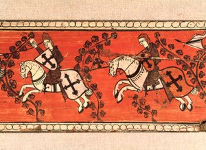 Şövalyeler bayrak taşır. Bir çatının dekorasyonundan ahşap üzerine tempera. 13. yüzyıl. by Catalan School